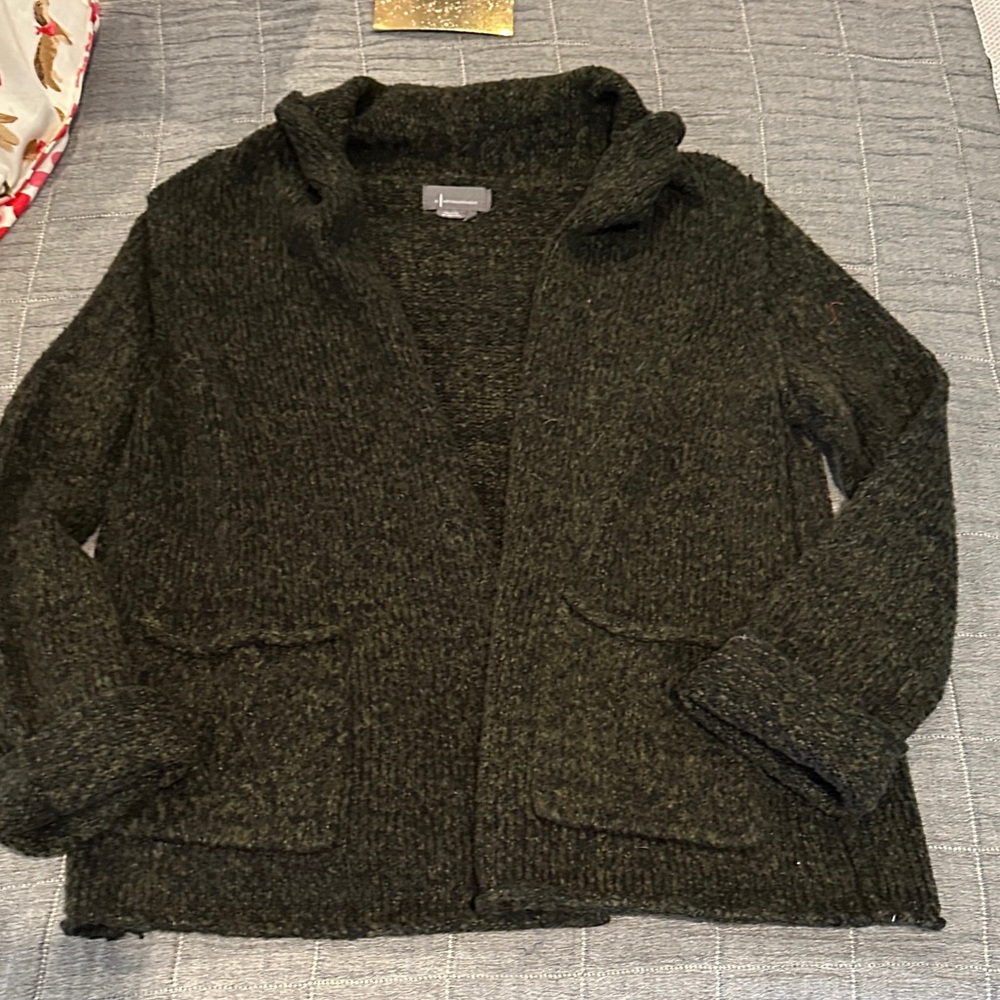 Cozy Dark Green Open Front Knit Cardigan by Anthropologie.